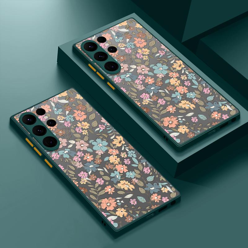 Acrylic Hard Orange Flower Pattern Matte Phone Case for Samsung S25 Ultra S24 Fe S23 S22 A16 A15 A56 A55 A35 Shockproof Clear Soft Edges Case