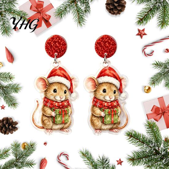 Christmas Mouse Earrings 1 Pair Cute Acrylic Earrings, 2D Flat Cartoon Animal Dangle Holiday Party Accessories Drop for Women, Glitter Star
