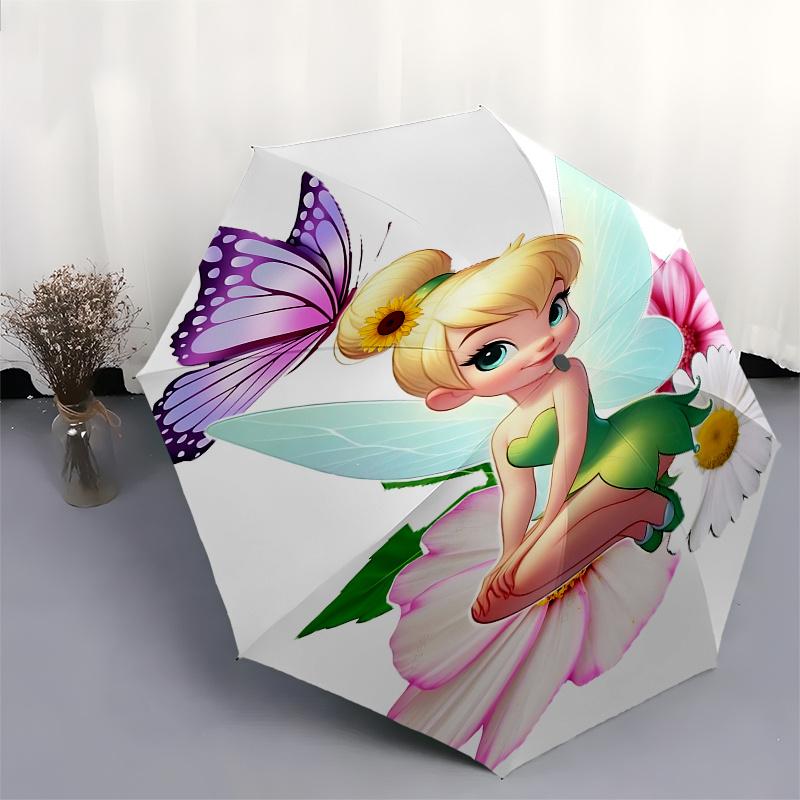Disney Tinker Bell, Flowers Automatic Open/Close Umbrella - Cute Umbrella with Cute Design, Portable 3-Fold Compact Umbrella for Men & Women