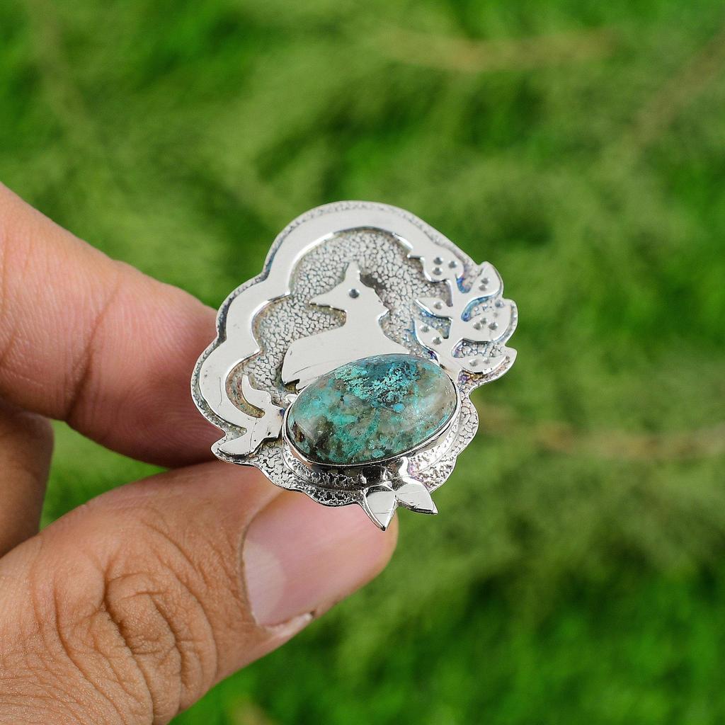 Mothers Day Sale Sterling Silver Oval Natural Shattuckite Solitaire Ring Jewelry