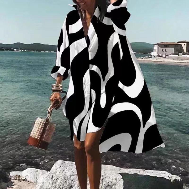 

Summer Fashion Style Street Fashion plus Size Women Loose New Digital Print Long Sleeves Lapel Shirt Dress Black L