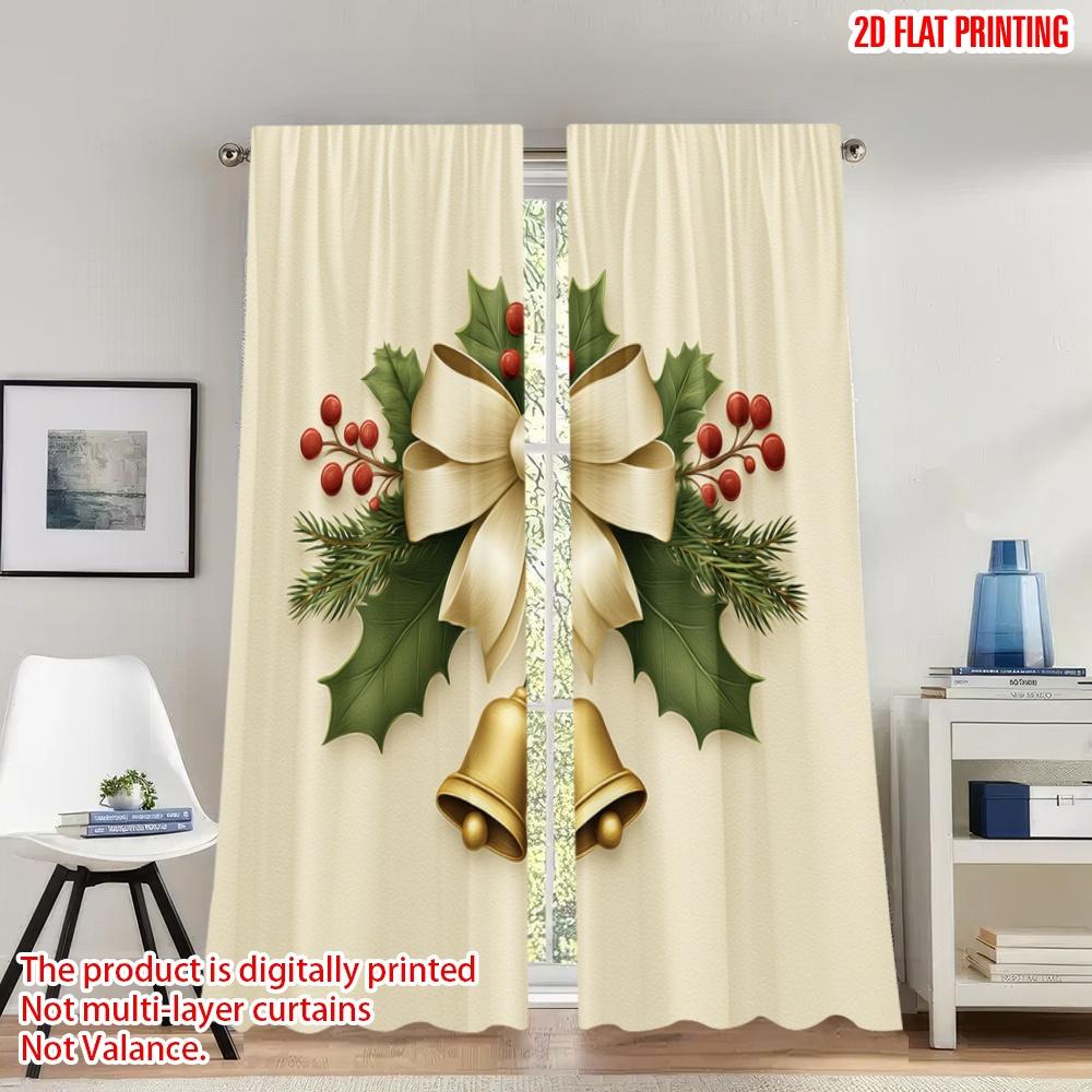 

2pcs 2D flat printing Christmas Party Curtains Christmas Holly Bow Bells Digital Printed Polyester Drapes Festive Holiday Use 100*130 Rod Pocket 1pcs