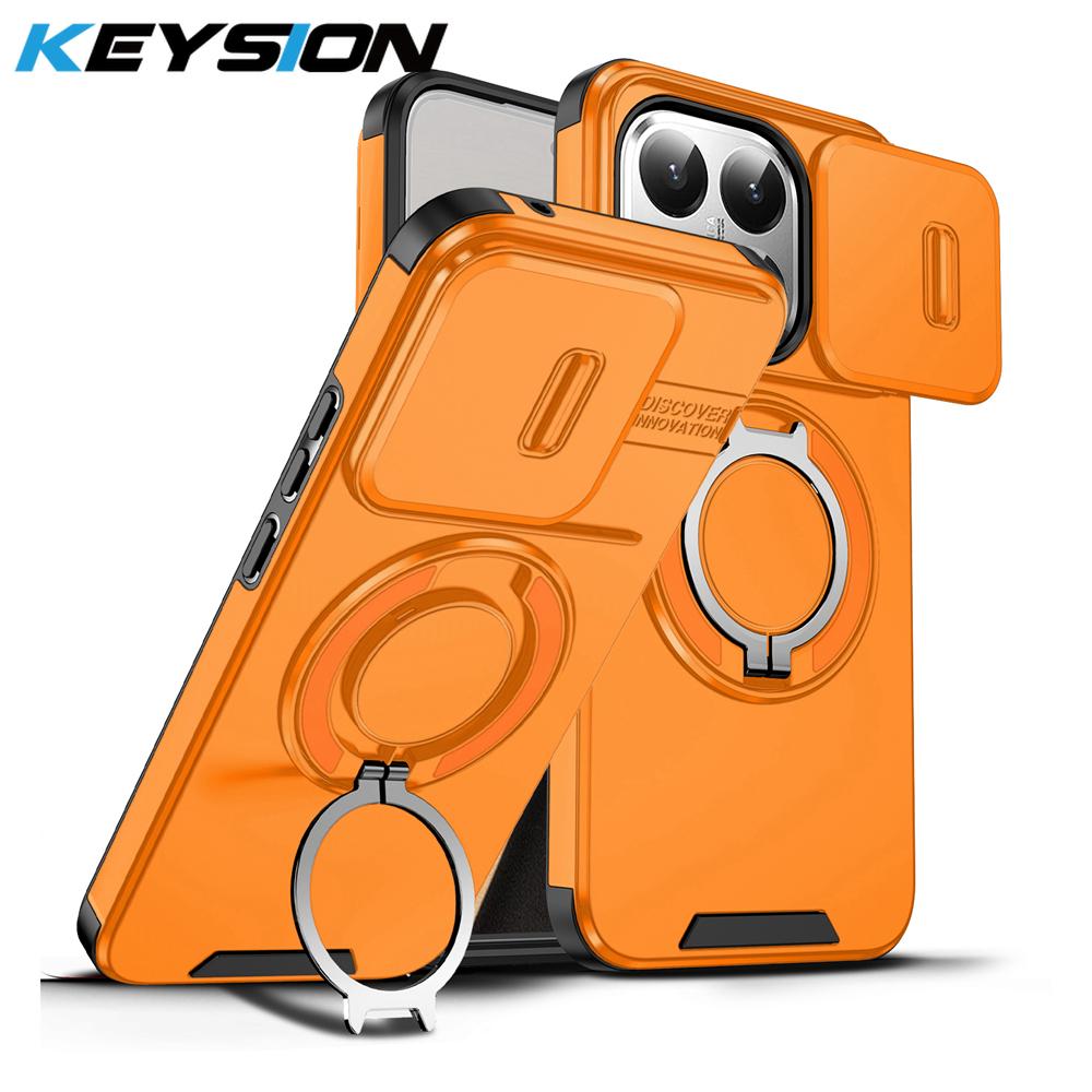 KEYSION 360° Rotating Ring Stand Phone Case for Xiaomi 15T 15T Pro Silicone+PC Slide Camera Protection Magnetic Shockproof Cover