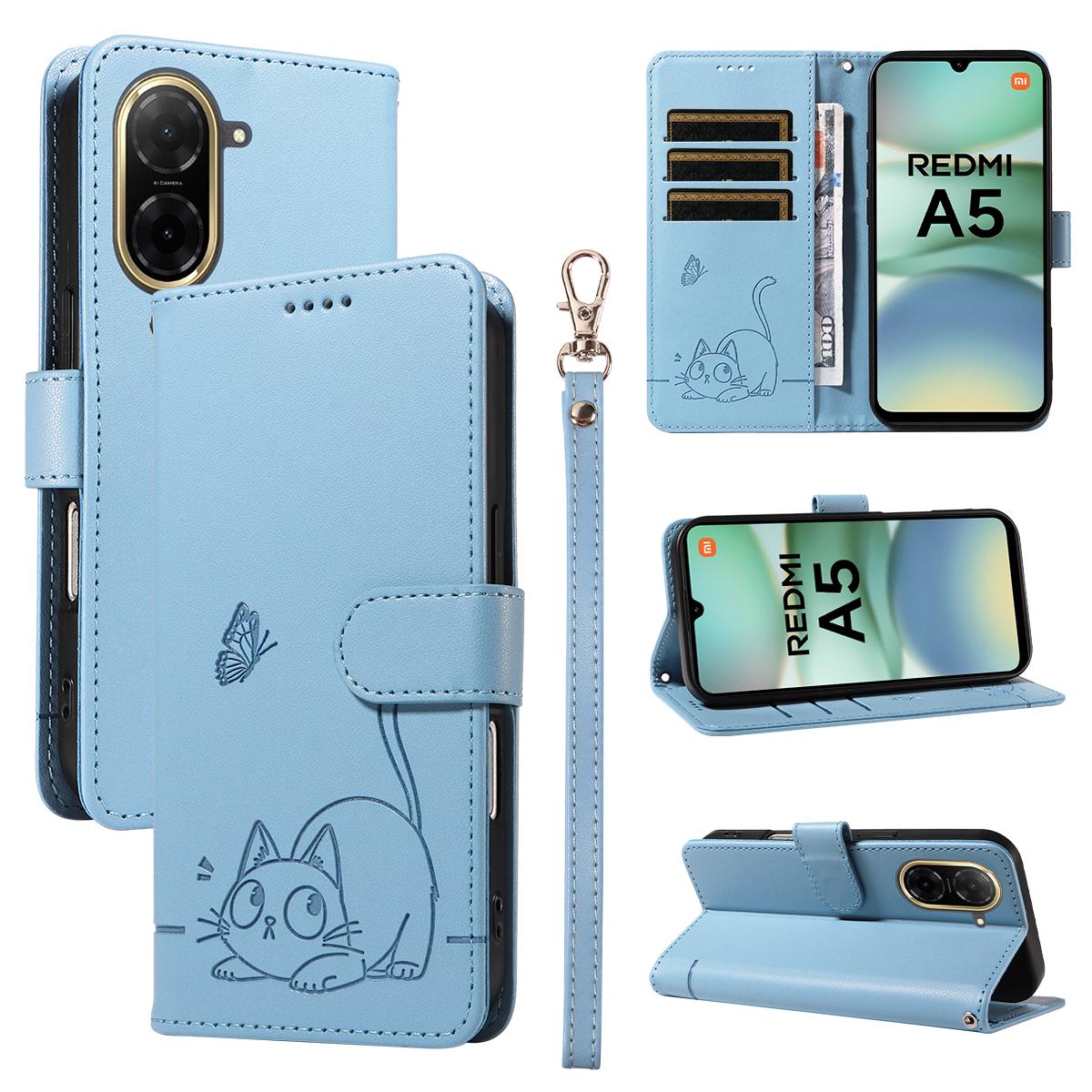 

Для Xiaomi Redmi A5 NFC (173.45*79.35*8.45мм) Чохол Шкіряний Чохол для Телефону з Тисненням Візерунка Кішки та Ремінцем на Зап ястя Sky Blue