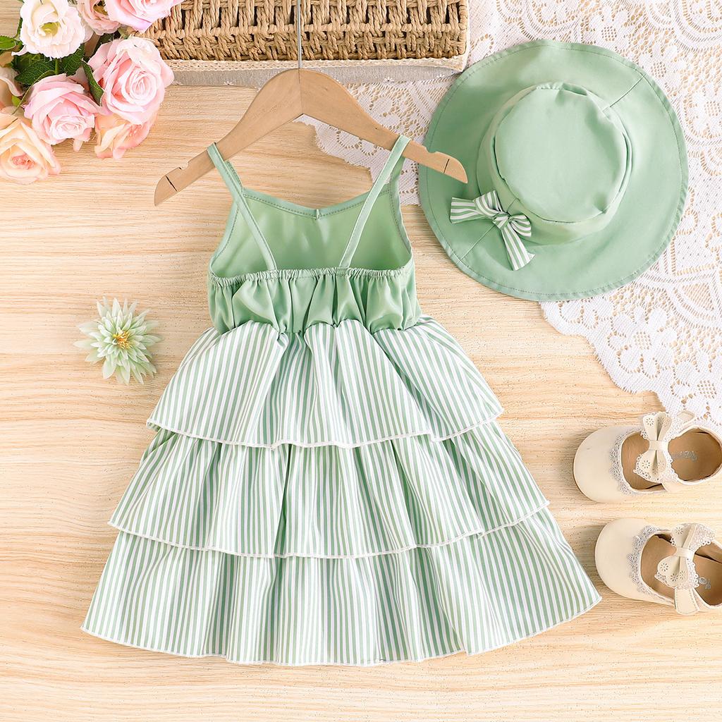 Mädchen Niedliches Gestreiftes Muster Neckholder Kuchenkleid + Hut Sommer Kindermode Prinzessinnenkleid