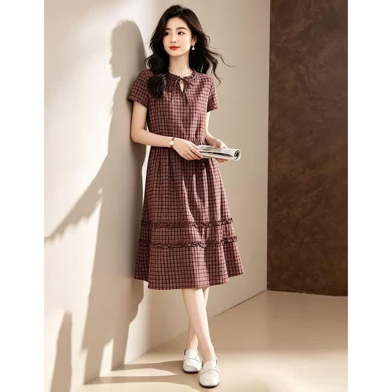 D.F.DEAR Women's Retro Plaid Ruffle A-Line Dress