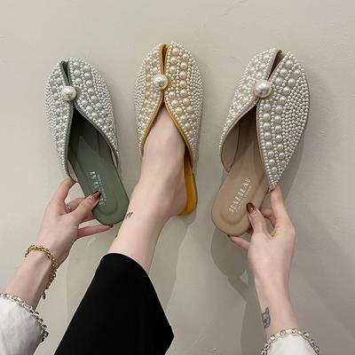 Baotou Pearl Slippers Women's Korean Version Flat-bottomed Outer Slippers Casual Ethnic Style Soft Bottom Cool Slippers Home Slippers
