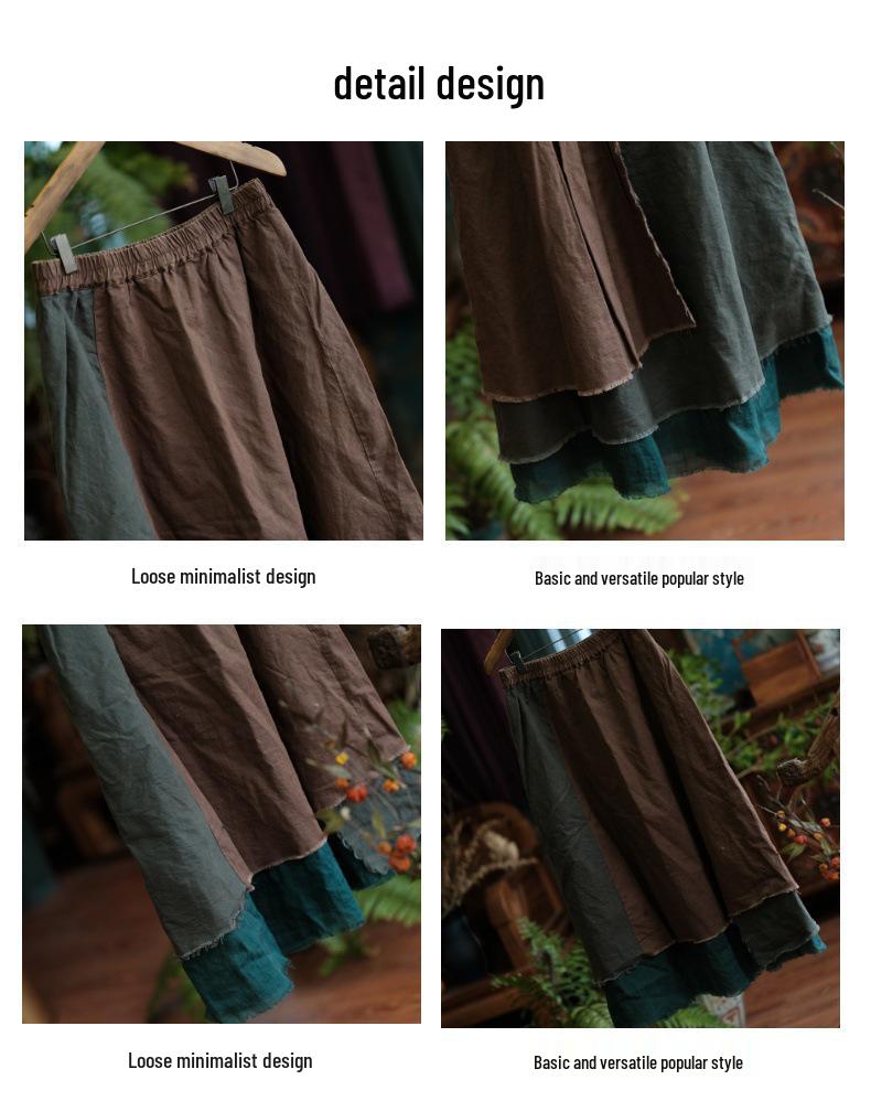 Vintage Patchwork Coffee Green Cotton Linen Skirt with Raw Edge and Large Hem