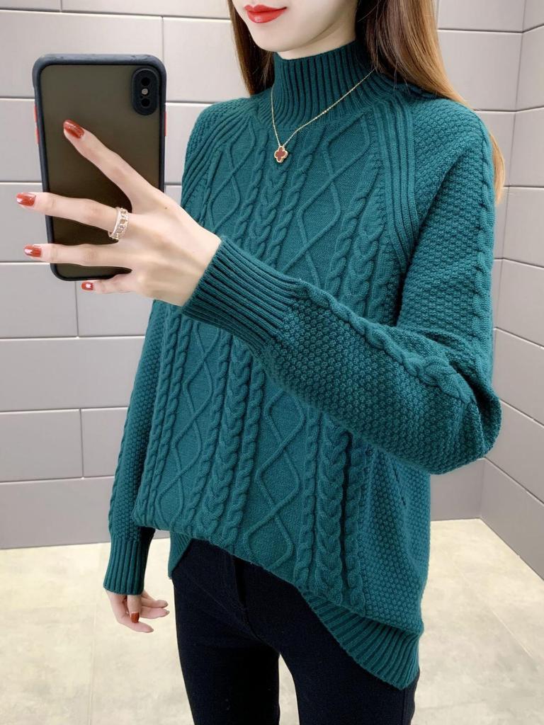Autumn/Winter Stylish Half-High Neck Loose Thick Knit Sweater for Women