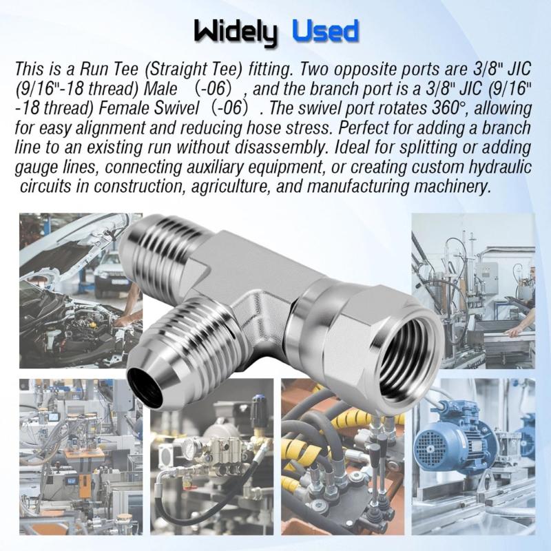 2Pcs 6602-06-06-06 Run Tees Swivel Hose Fittings 3/8inch JIC (9/16"-18 thread) Male x 3/8inch JIC Female Stainless Steel Hydraulic T Adapter Fitting