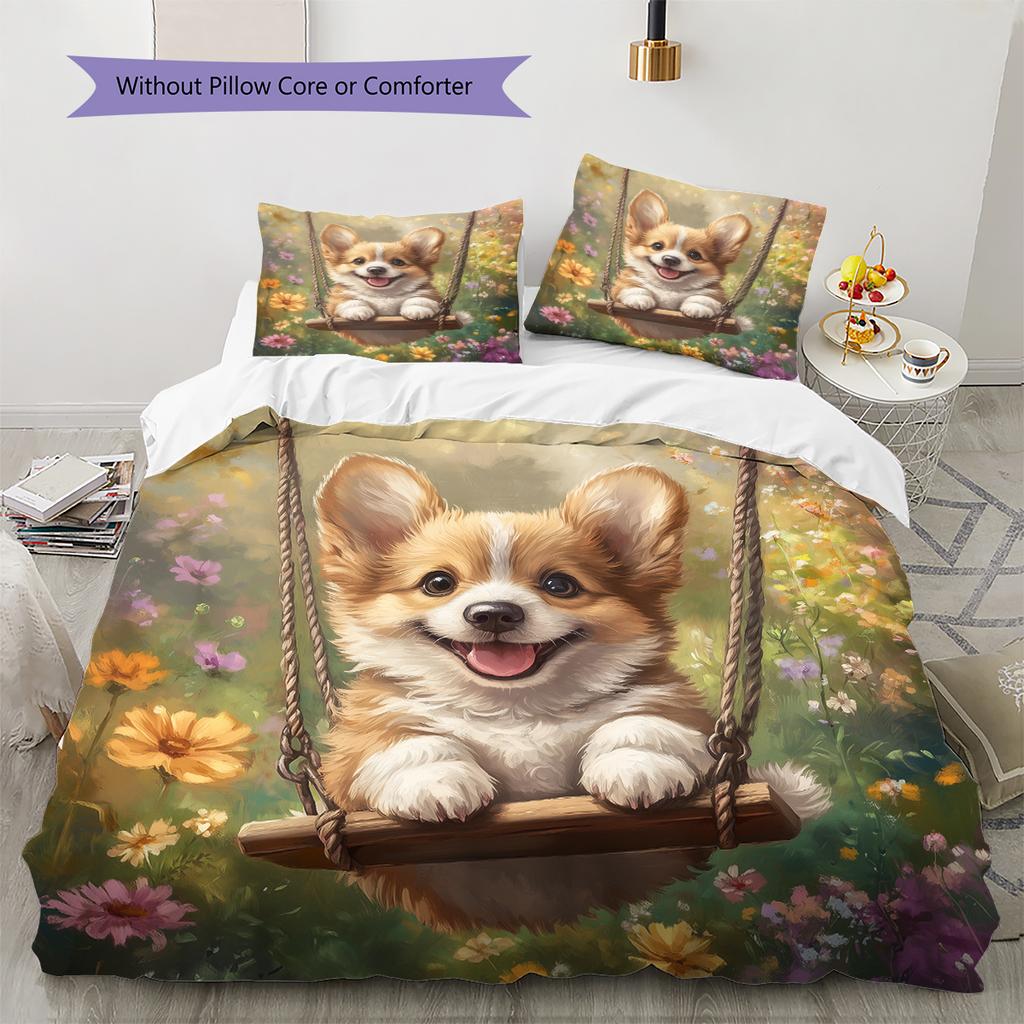 Cute Corgi Pattern Bedding Home Decoration Birthday Gift (1 * duvet cover + 2 * pillowcase, without core)