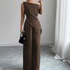 2026 Womens Off-Shoulder Sleeveless Solid Color Wide Leg Pants Set Casual Outfit