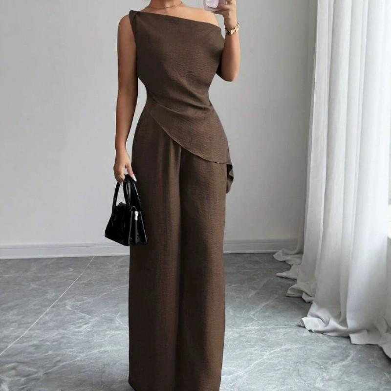 2026 Womens Off-Shoulder Sleeveless Solid Color Wide Leg Pants Set Casual Outfit