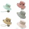 Small Lattice Drawstring Sun Hat Versatile Bow Bucket Hat Fashion Hiking Fisherman Hat  Famale
