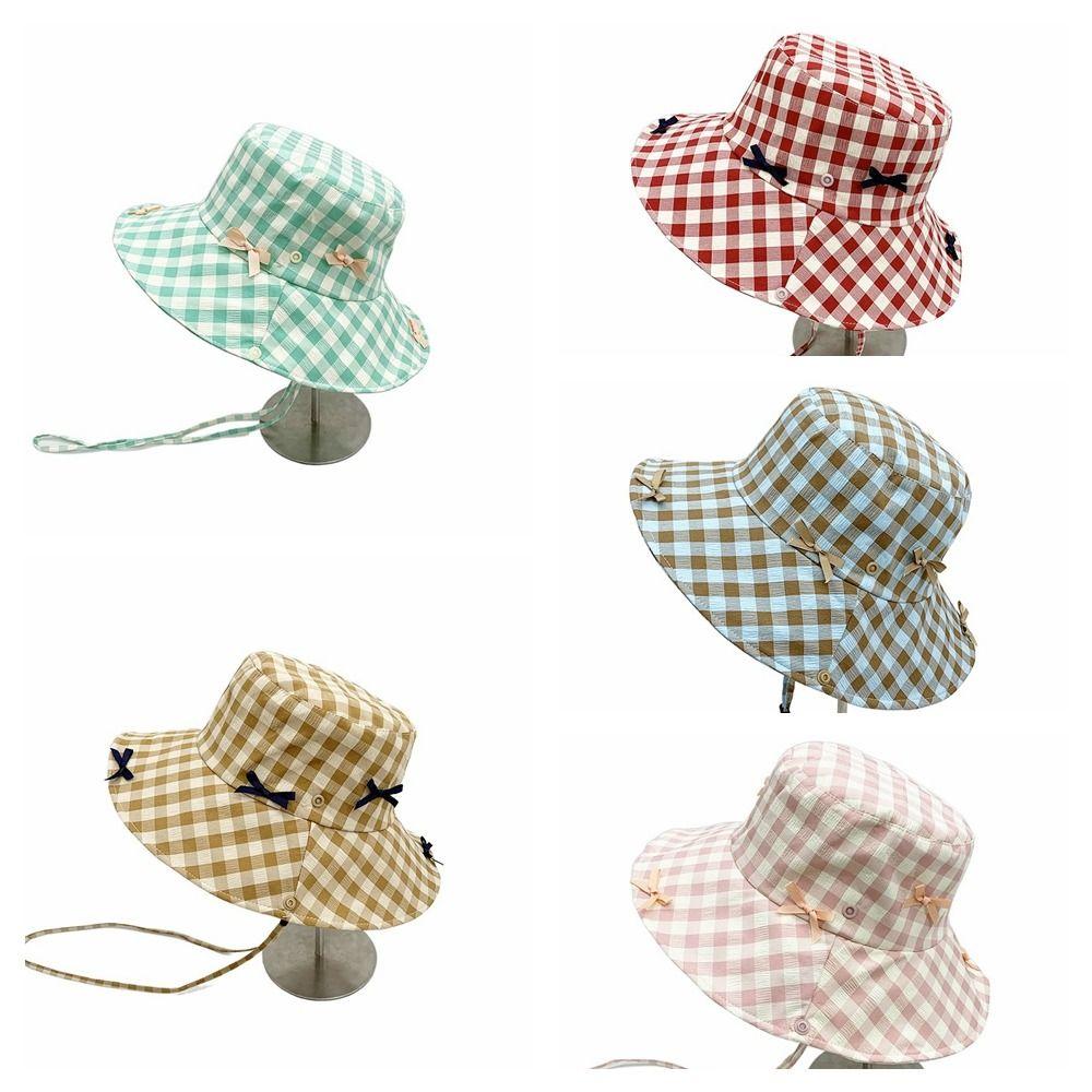 Small Lattice Drawstring Sun Hat Versatile Bow Bucket Hat Fashion Hiking Fisherman Hat  Famale