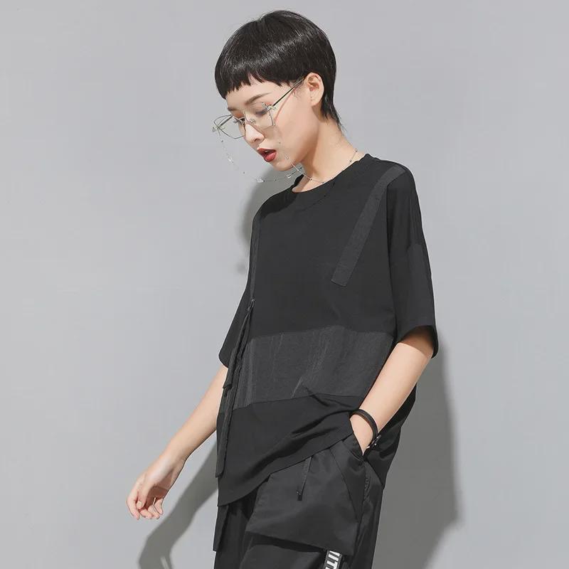 Camiseta de Verano Oscura Patchwork para Mujer Europea y Americana - Cuello Redondo, Corte Holgado, Manga Corta Estilo Trendy