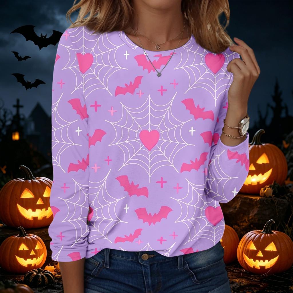 Women's Fashion Casual Long Sleeve Halloween Print Pullover Sweatshirt Crew Neck Top Comfortable Fit Seasonal Style
