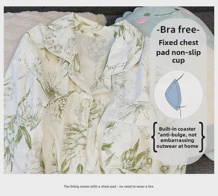 Women's Spring/Autumn Pajama Set: Thin Cloud Cotton with Chest Pads, Long-Sleeved Cardigan, Sweet and Cute Homewear.