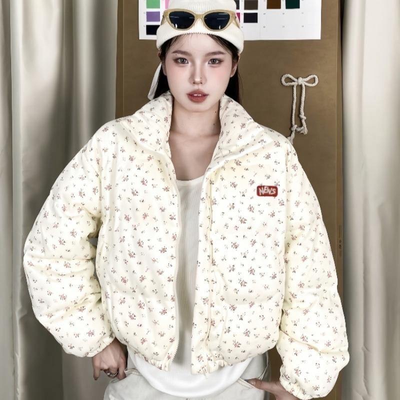 

Women s winter design cotton clothes, small floral full print stand-up collar short cotton clothes, loose thickened warm jacket L