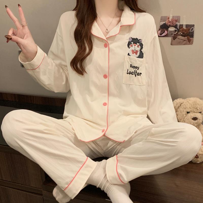 Lucifer Cat Imitation Cotton Pajamas Women's Spring New Long-sleeved Suit Loose Student Loungewear Thin