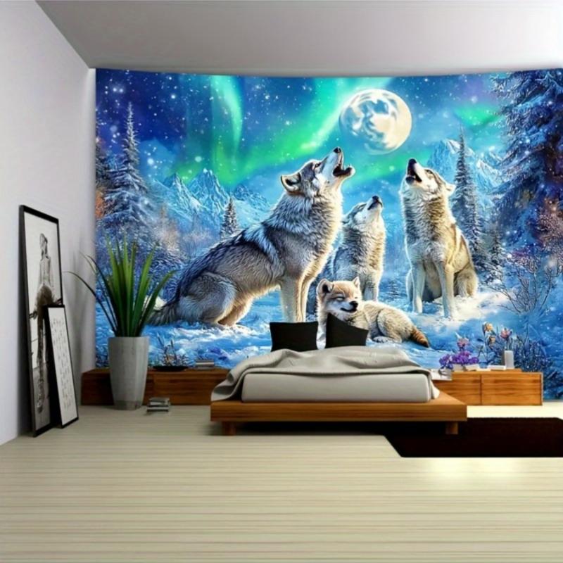 Nordlichter Wolfsrudel Wandteppich, Heulende Wölfe Vollmond Schneeiger Wald Naturlandschaft Wandkunst für Heimdekoration