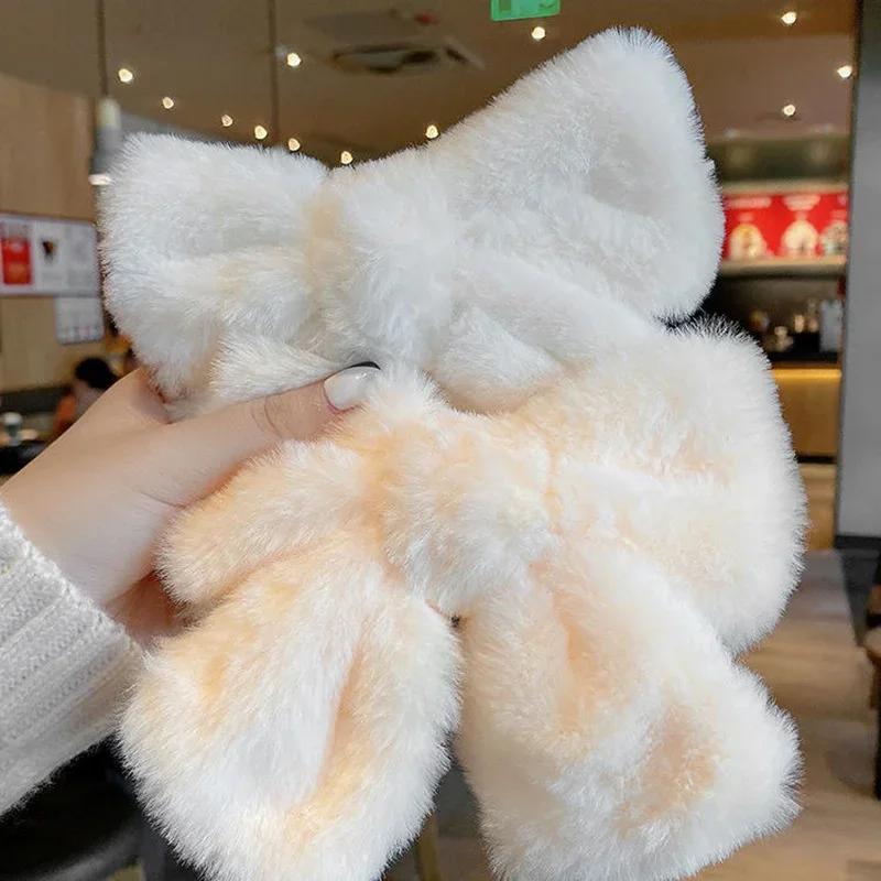 Girls Sweet Plush Big Bow Hairpin Cute Solid Color Hair Spring Clip Hair Ornament Autumn Winter Hair Accessories for Girls Gifts