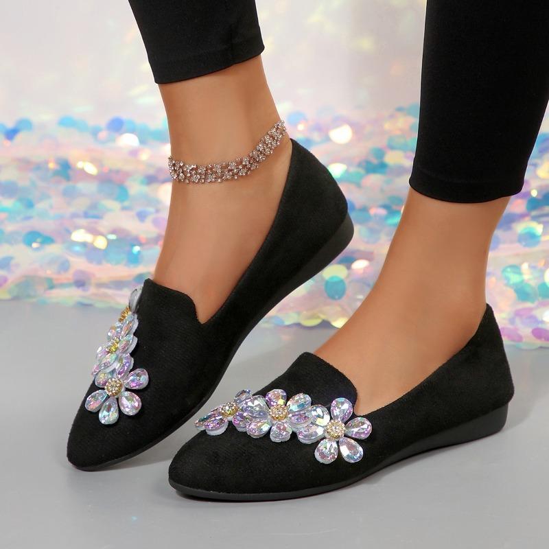 Women's Single Shoes Autumn New Pointed Toe Shallow Slip Rhinestone Flower Slip-on Soft Slip Low Heel Shoes