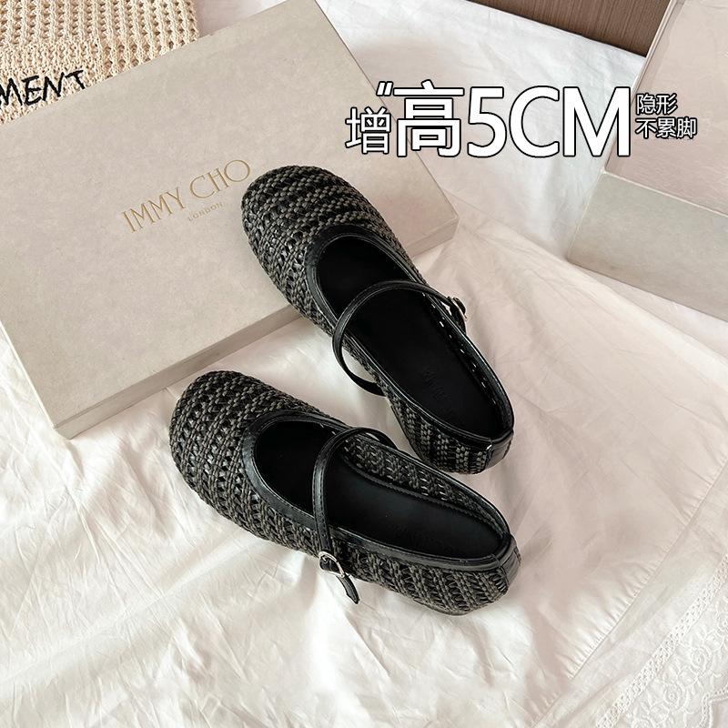 Inner Height Increase of 5cm~ 2025 Summer New Outer Wear Woven Hollow Retro Mary Jane Shoes Niche Single Shoes Women