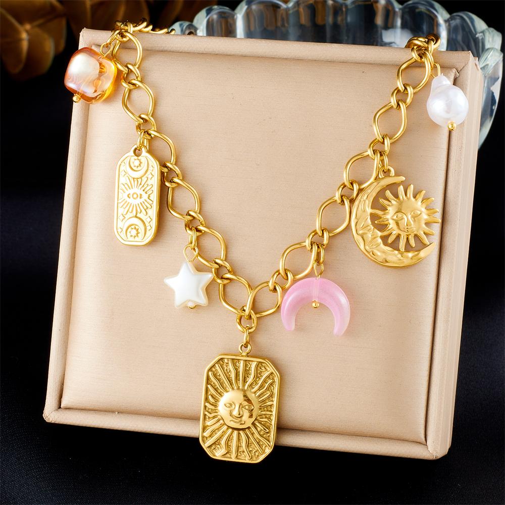 DIEYURO 316L Stainless Steel Golden Personality Sun Serie Multi Pendant Necklace Women New Fashion Neck Chain Vacation Jewelry