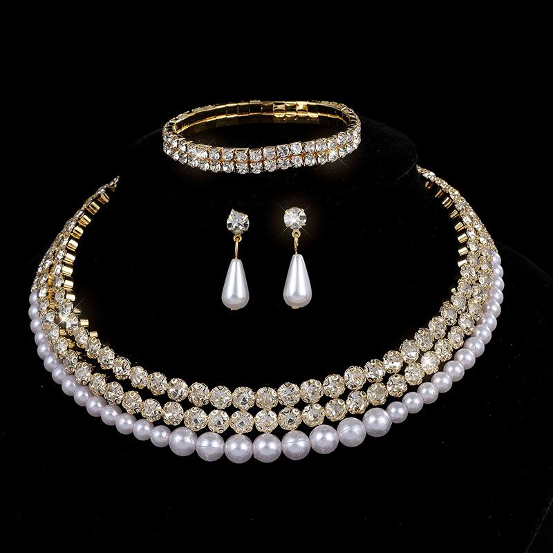 Bridal Pearl Full Diamond Necklace Necklace Diamond Imitation Pearl Bracelet Earrings Necklace Set Women