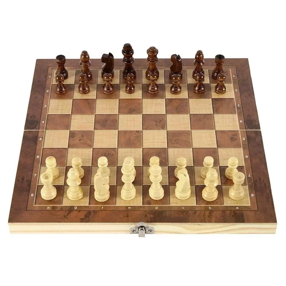 3In 1 Portable Travel Chess Checker Backgammon, Folding Storage Wooden Chess Set, International Checkers Board Game Kids Adults Set