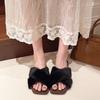 Black high-end flat-bottomed outer wear fluffy slippers female 2025 autumn and winter new one-pedal fairy velvet cotton slippers
