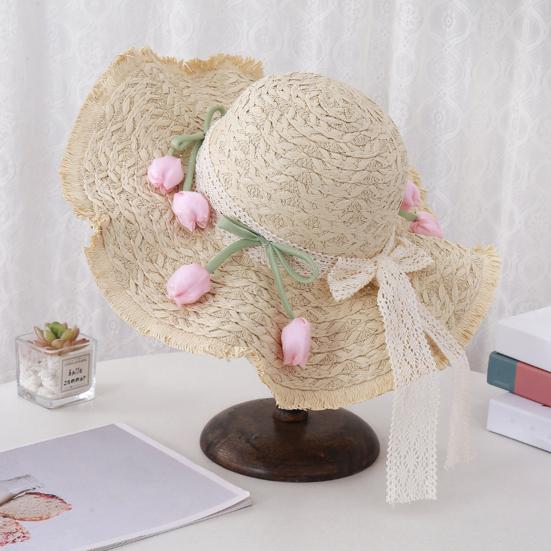 Summer Beach Hat Wavy Fringe Detail Tulip Decor Lace Ribbon Straw Hat French Style Foldable Portable Outdoor Travel Hat