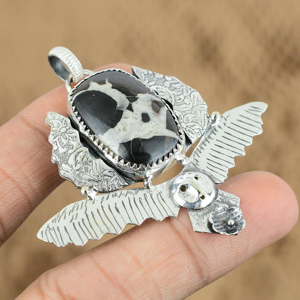Wedding Gift For Her 925 Silver Natural Moroccan Mud Crack Fossil Pendant Owl