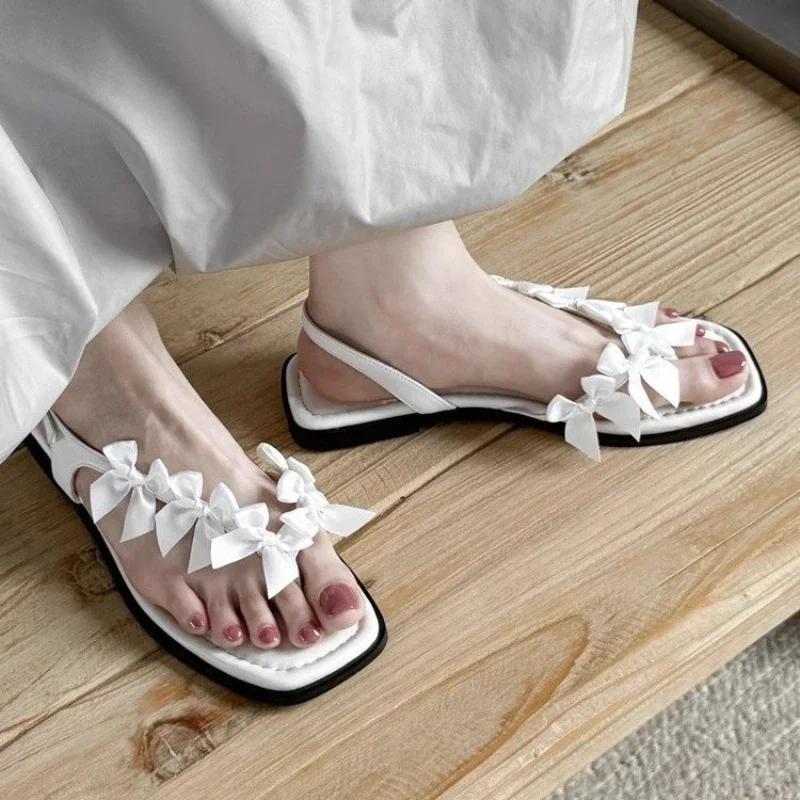 Fashion New Sweet Fashion Women Clip-toe Sandals Summer Non-slip Ladies Flat Shoes Black White Women's Causal Bowknot Slippers Elegant