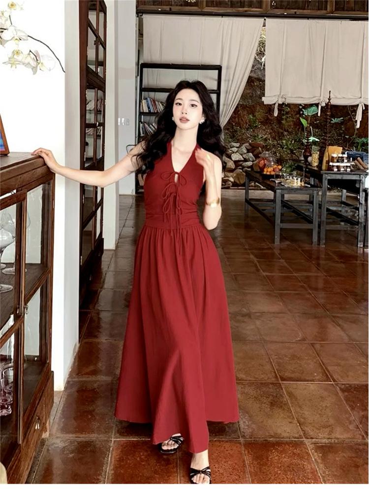 [Summer Muse] Red Hong Kong Style Retro Neck Backless Dress Summer French Sleeveless Long Dress