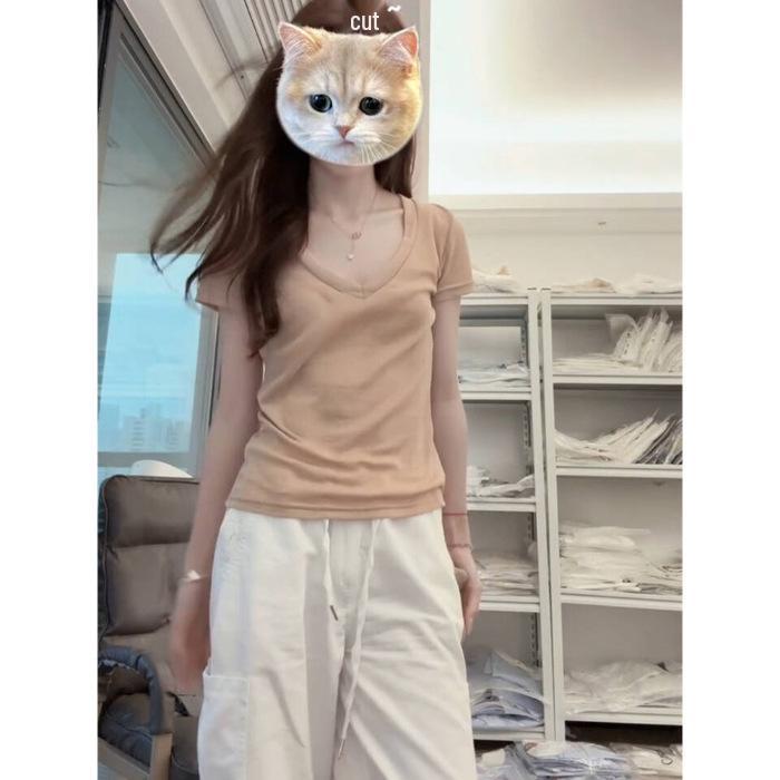 

2025 V-Neck Korean Style Slim Fit Cotton Short-Sleeve Top Small хаки