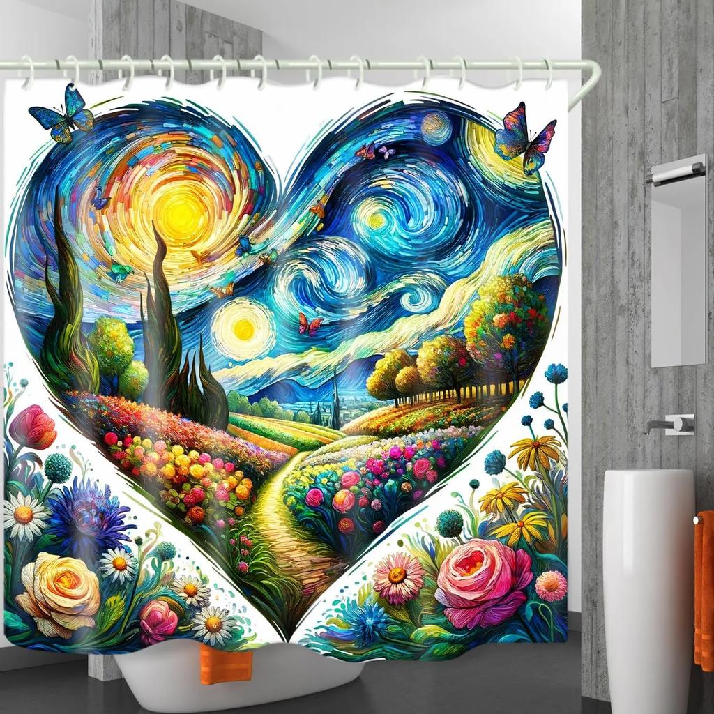 Heart Shape Art Floral Shower Curtain Waterproof Fabric With Plant Pattern Bathroom Decorative Shower Curtain With Hook