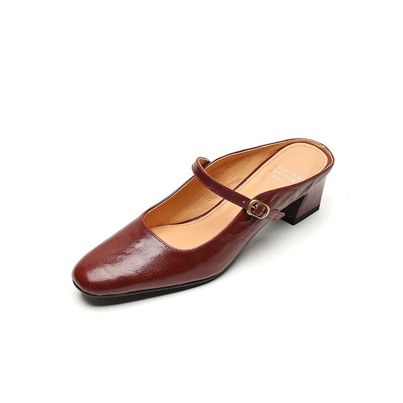 Summer women's bag head slippers comfortable high-heeled slippers set feet leather beef tendon bottom sandals square head new half-drag women