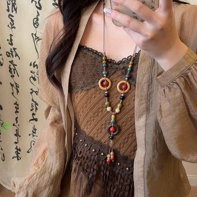 Boho Wooden Beaded Long Necklace Collar Decoration Female Jewelry Neck Accessories Ethnic Style Handmade Pendant Sweater Chain