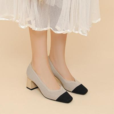 High Heels for Women 2025 New Square Head V-neck Solid Color All-match Single Shoes Slip On Breathable Knit Women Work Shoes
