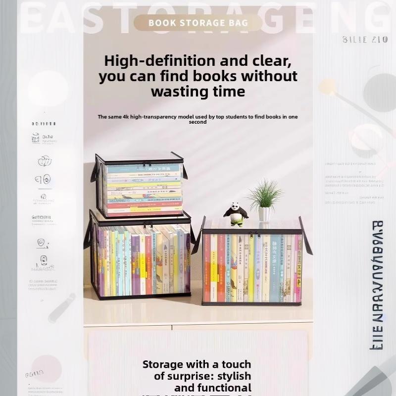 Space Saving Clear Transparent Book Storage Organizer with Sturdy Zipper Comfortable Handles for Bedroom Closet Storage