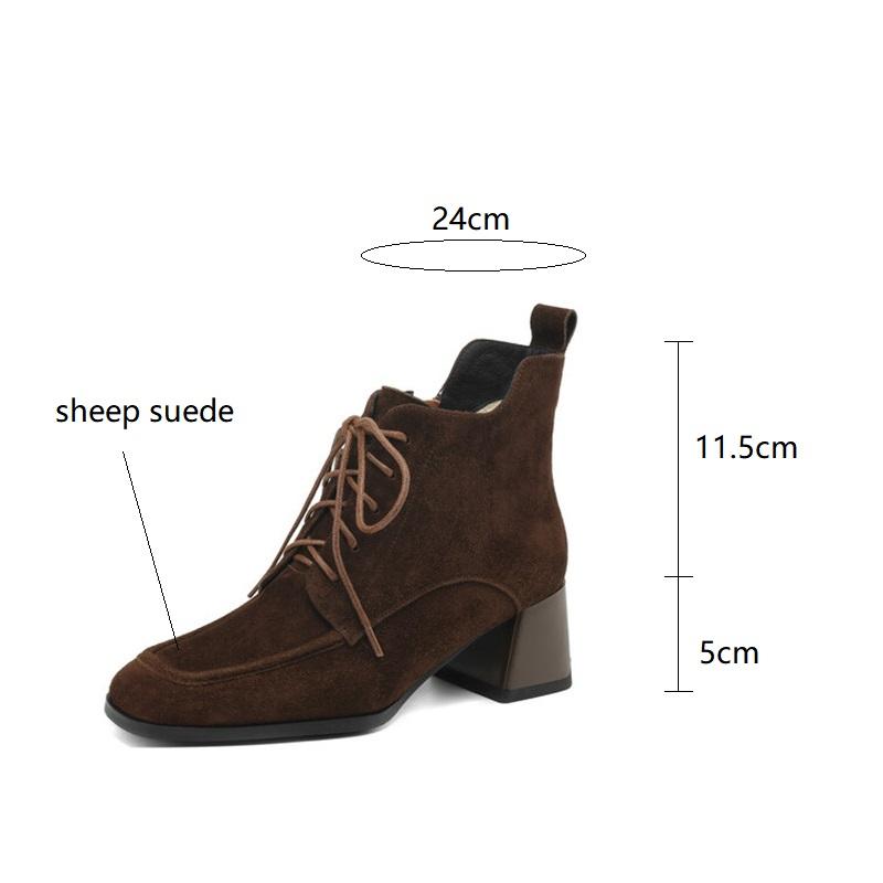 Fashion New Autumn Winter Sheep Suede Women Shoes Square Toe Retro Lace Up Short Boots for Women Chunky Heel High Heel Women Boots