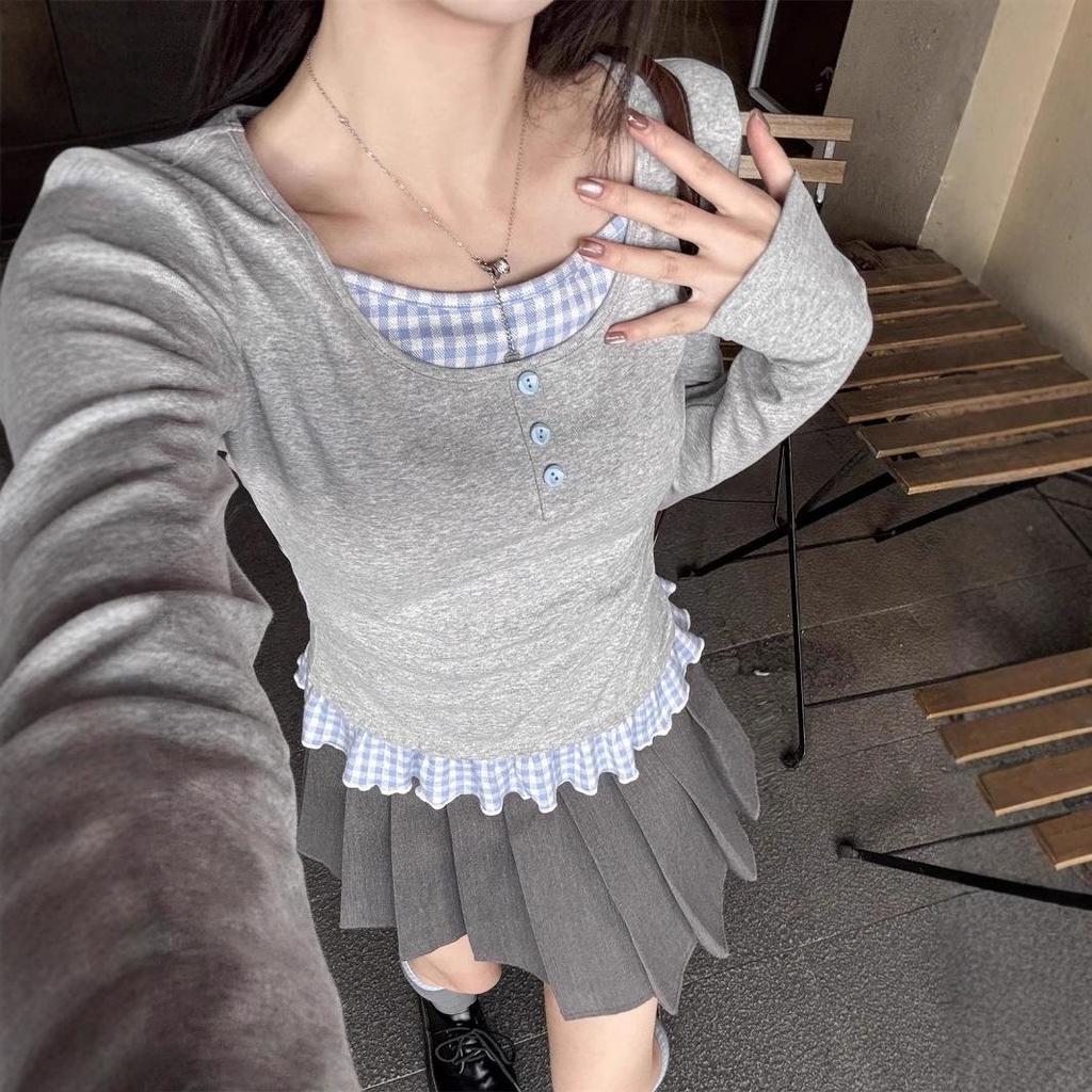 Gray Two-Piece Style Long Sleeve Shoulder Stitch T-Shirt - Women's Slim Fit Short Top for Spring
