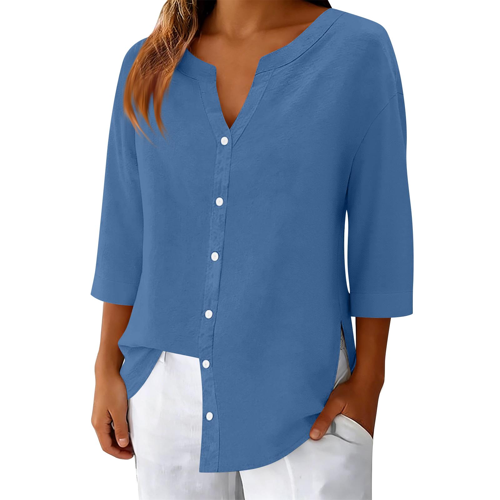 

Women V Neck Button Down Three Quarter Sleeve Casual Top Relaxed Fit Split Side Tunic Shirt for Everyday Wear L синий