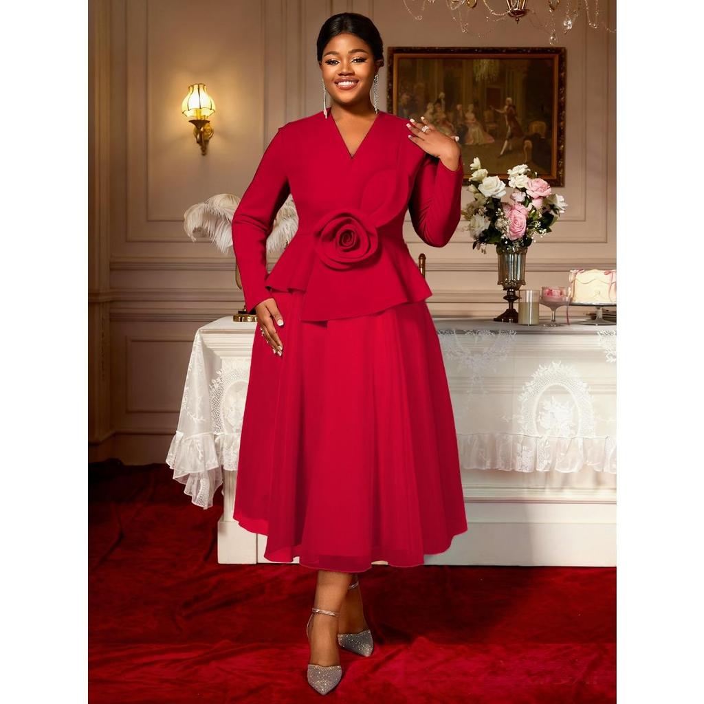 Plus Size Women's Long Sleeve 3D Flower Dress, V Neck Slim Waist Ruffled Hem Evening Party Gown