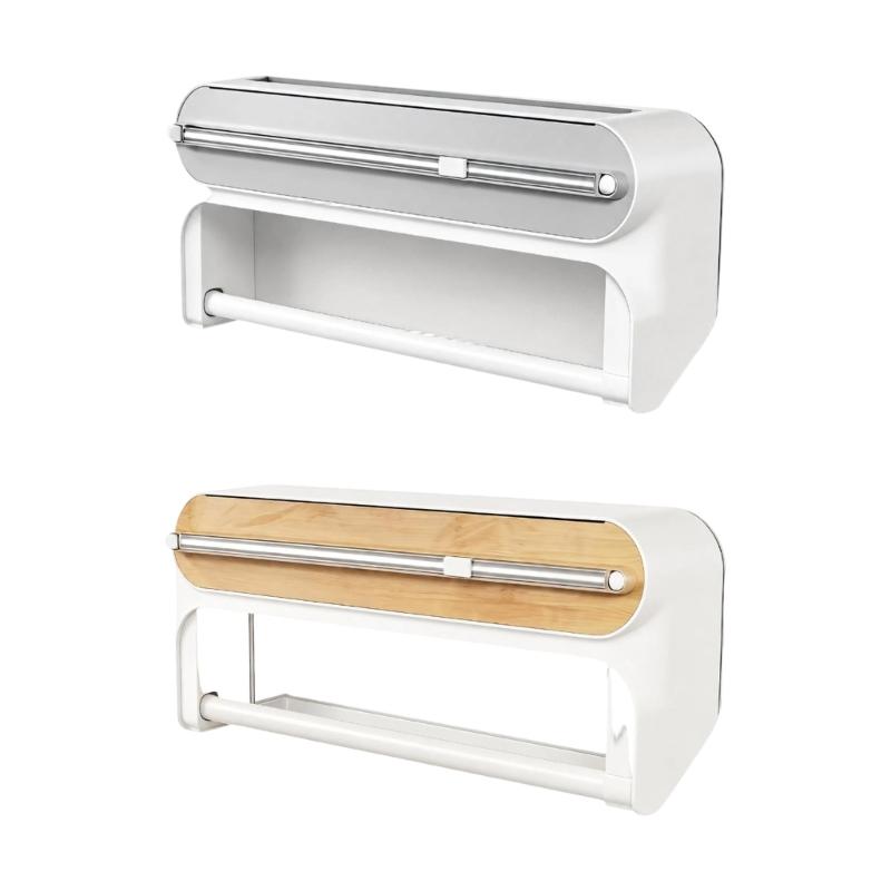 Combined ABS Kitchen Wrap Cutter and Paper Towel Holder with Concealed Sliding Blade and Magnetic Refrigerator Mount