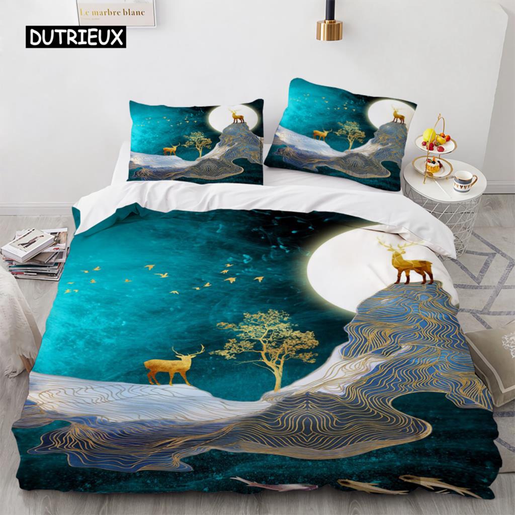 Kreskówkowy Poszwa na Kołdrę Rozmiar King Queen Wzór Złotego Jelenia Zestaw Pościeli dla Nastolatków Dorosłych Dziki Kozioł Poszwa na Kołdrę z Poszewką na Poduszkę