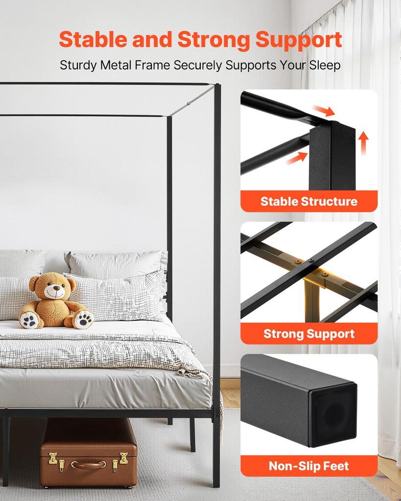 VEVOR King Size Canopy Bed Frame, Metal Canopy Bed with Four Posters Design, Heavy Duty Steel Slats Support, Underbed Storage Space