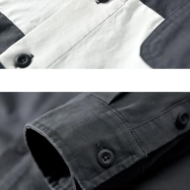 Japanese Style Workwear Men Tops Spring/Autumn Casual Long Sleeve Pure Cotton Loose Shirt Stitching Youth Popular Shirts with Pocket